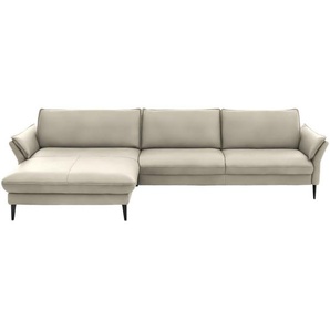 Hukla Ecksofa, Ecru, Leder, Echtleder, Longlife-Leder, Semi-Anilinleder, 4-Sitzer, Ottomane links, L-Form, 334x172 cm, Goldenes M, erweiterbar, Fußauswahl, Lederauswahl, Stoffauswahl, planbar, Sitzqualitäten, seitenverkehrt erhältlich, Hocker Rücken echt,