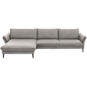 Hukla Ecksofa, Hellgrau, Leder, Echtleder, Longlife-Leder, Semi-Anilinleder, 4-Sitzer, Ottomane links, L-Form, 334x172 cm, Goldenes M, erweiterbar, Fußauswahl, Lederauswahl, Stoffauswahl, planbar, Sitzqualitäten, seitenverkehrt erhältlich, Hocker Rücken