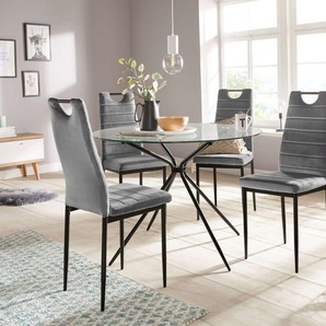 INOSIGN Essgruppe Silvi-Mandy, (Set, 5-tlg., Set 110 cm), Glastisch 110x110 cm mit 4 Stühlen (Veloursstoff), Gestell aus Metall