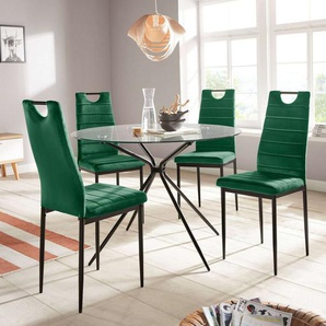 INOSIGN Essgruppe Silvi-Mandy, (Set, 5-tlg., Set 110 cm), Glastisch 110x110 cm mit 4 Stühlen (Veloursstoff), Gestell aus Metall