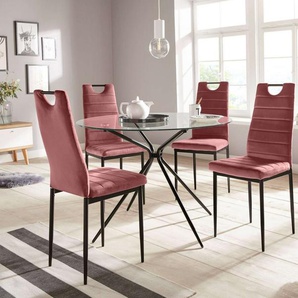 INOSIGN Essgruppe Silvi-Mandy, (Set, 5-tlg., Set 110 cm), Glastisch 110x110 cm mit 4 Stühlen (Veloursstoff), Gestell aus Metall