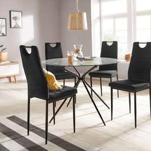 INOSIGN Essgruppe Silvi-Mandy, (Set, 5-tlg., Set 110 cm), Glastisch 110x110 cm mit 4 Stühlen (Veloursstoff), Gestell aus Metall