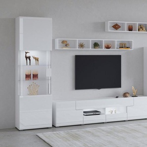 INOSIGN Wohnwand Toledo,Breite 391cm stilvolle Mediawand ohne Beleuchtung, (Set, 5-St), Anbauwand(Vitrine,Lowboard,Highboard,2xHängeregal)MDF Hochglanzfronten