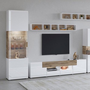 INOSIGN Wohnwand Toledo,Breite 391cm stilvolle Mediawand ohne Beleuchtung, (Set, 5-St), Anbauwand(Vitrine,Lowboard,Highboard,2xHängeregal)MDF Hochglanzfronten