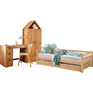 Jugendzimmer-Set LÜTTENHÜTT Alpi Schlafzimmermöbel-Sets beige (gebeizt, gewachst) Baby Daybed, Schreibtisch mit Stauraum und Kleiderschrank in Hausoptik