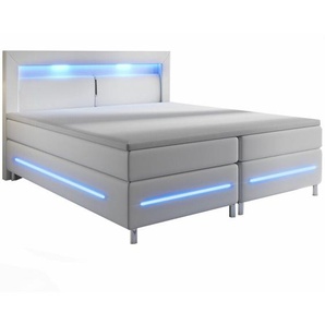 Boxspringbett Norfolk – led Beleuchtung, Bonell-Matratzen, Topper & Kunstleder – 66 cm Komforthöhe – Bett Einzelbett 140 x 200 cm – weiß - Juskys