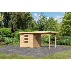 Karibu Gartenhaus Coburg naturbelassen mit Anbaudach 467 x 238 x 210 cm