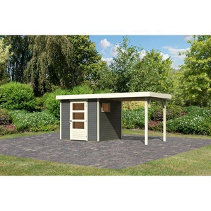 Karibu Gartenhaus Coburg terragrau mit Anbaudach 467 x 238 x 210 cm