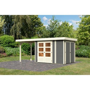 Karibu Gartenhaus-Set Betola 2 terragrau mit Schrank, Anbaudach und Breite 542 x 211 x 238 cm