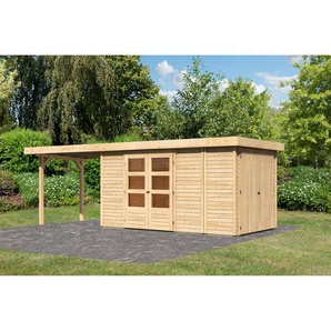 Karibu Gartenhaus-Set Betola 5 naturbelassen mit Anbauschrank und Anbaudach 666,5 x 211 x 238 cm