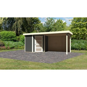 Karibu Gartenhaus-Set Krähendorf 3 terragrau mit Anbaudach und Rückwand 504,5 x 218 x 238 cm