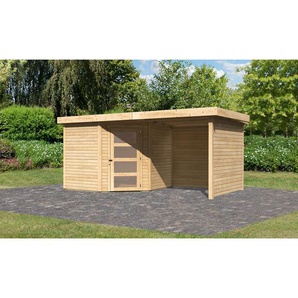 Karibu Gartenhaus-Set Krähendorf 5 naturbelassen mit Anbaudach, Seiten- und Rückwand 492,5 x 218 x 262 cm