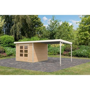 Karibu Gartenhaus-Set Meteor A naturbelassen/weiß mit Anbaudach 595,5 x 218,5 x 292,4 cm