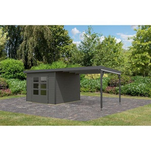 Karibu Gartenhaus-Set Meteor B terragrau/anthrazit mit Anbaudach 309 x 218,5 x 292,4 cm