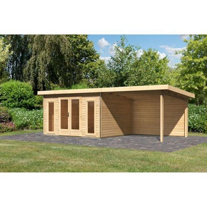 Karibu Premium-Gartenhaus-Set Borsuma 2 natur mit Anbaudach und Rückwand 724 x 331,5 x 229,5 cm