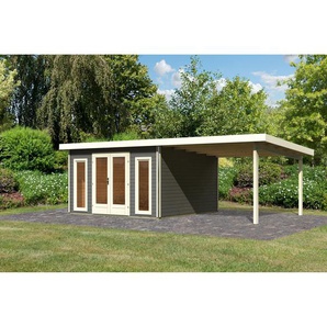 Karibu Premium-Gartenhaus-Set Borsuma 3 terragrau mit Anbaudach 724 x 393 x 229,5 cm