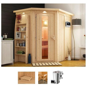 Karibu Sauna Cellin, BxTxH: 210 x 165 x 202 cm, 68 mm, (Set) 3,6-kW-Plug & Play BIO-Ofen mit ext. Steuerung