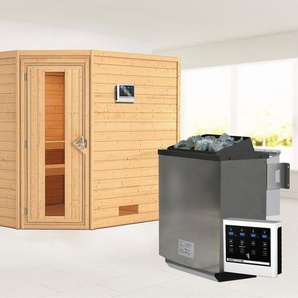 Karibu Sauna Leona mit Energiespartür Ofen 9 kW Bio externe Strg modern, BxTxH: 231 x 231 x 198 cm, 38 mm, aus hochwertiger nordischer Fichte