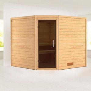 Karibu Sauna Leona mit graphitfarbener Tür naturbelassen, BxTxH: 231 x 231 x 198 cm, 38 mm, aus hochwertiger nordischer Fichte