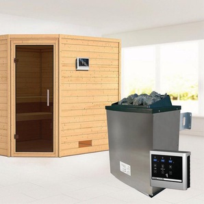 Karibu Sauna Leona mit graphitfarbener Tür Ofen 9 KW externe Strg modern, BxTxH: 231 x 231 x 198 cm, 38 mm, aus hochwertiger nordischer Fichte