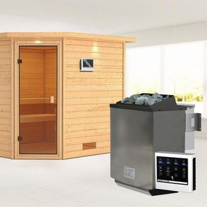 Karibu Sauna Leona mit Kranz und bronzierter Tür Ofen 9 kW Bio externe Strg Easy, BxTxH: 259 x 245 x 202 cm, 38 mm, aus hochwertiger nordischer Fichte