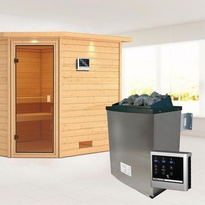 Karibu Sauna Leona mit Kranz und bronzierter Tür Ofen 9 KW externe Strg Easy, BxTxH: 259 x 245 x 202 cm, 38 mm, aus hochwertiger nordischer Fichte