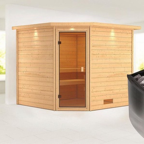 Karibu Sauna Leona mit Kranz und bronzierter Tür Ofen 9 kW integr. Strg, BxTxH: 259 x 245 x 202 cm, 38 mm, aus hochwertiger nordischer Fichte