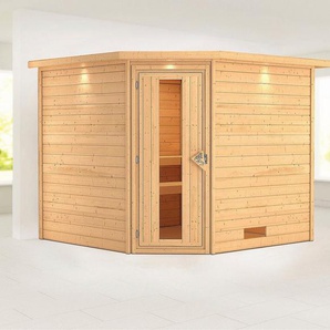 Karibu Sauna Leona mit Kranz und Energiespartür naturbelassen, BxTxH: 259 x 245 x 202 cm, 38 mm, aus hochwertiger nordischer Fichte