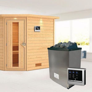 Karibu Sauna Leona mit Kranz und Energiespartür Ofen 9 KW externe Strg modern, BxTxH: 259 x 245 x 202 cm, 38 mm, aus hochwertiger nordischer Fichte