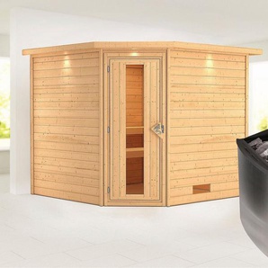 Karibu Sauna Leona mit Kranz und Energiespartür Ofen 9 kW integr. Strg, BxTxH: 259 x 245 x 202 cm, 38 mm, aus hochwertiger nordischer Fichte