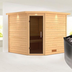 Karibu Sauna Leona mit Kranz und graphitfarbener Tür Ofen 9 kW integr. Strg, BxTxH: 259 x 245 x 202 cm, 38 mm, aus hochwertiger nordischer Fichte