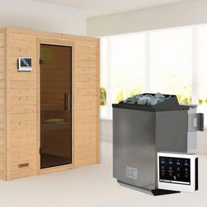 Karibu Sauna Sonja mit graphitfarbener Tür Ofen 9 kW Bio externe Strg modern, BxTxH: 196 x 146 x 198 cm, 38 mm