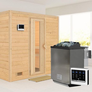 Karibu Sauna Soraja, BxTxH: 231 x 196 x 200 cm, 40 mm, (Set) 9-kW-Bio-Ofen mit externer Steuerung