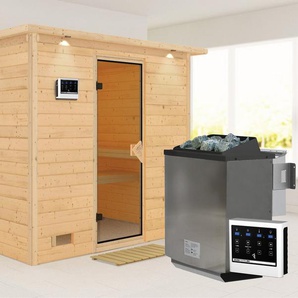 Karibu Sauna Soraja, BxTxH: 259 x 210 x 205 cm, 40 mm, (Set) 9-kW-Bio-Ofen mit externer Steuerung