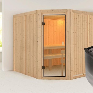 KARIBU Sauna Ysla(Eckeinstieg) Saunen inklusive Ofenschutzgitter und Tür beige (naturbelassen) Saunen