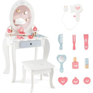 Kinder Schminktisch Set, 2 in 1 Frisiertisch Holz mit Hocker, abnembarem Spiegel, Schubladen & Zubehören, Schminkkommode Prinzessin für Kinder ab 3