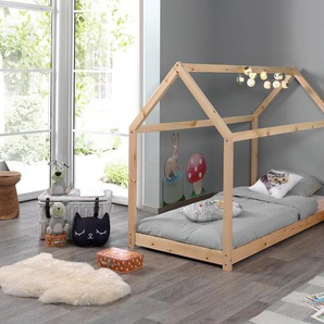 Kinderbett VIPACK Cabane, beige (kiefer massiv natur), B:98cm L:206cm, Betten, Abenteuerbett Kinderbett, Hausbett