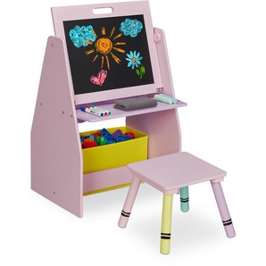 Relaxdays - Kinderregal mit Tafel, Spielzeugregal mit 2 Fächern & Stoffbox, hbt: 84x52x45 cm, Spieltafel mit Hocker, rosa