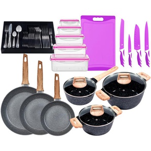 KING Topf-Set »ESSENTIAL« Aluminium, Induktion, Antihaftbeschichtung, Aluminiumguss (Set, 55-tlg., 2 Töpfe, 1 Stieltopf, 3 Glasdeckel, 1 Besteck-Set + Etui), 3 Pfannen, 4 Küchenmesser, 1 Schneidebrett, 5 Vorratsdosen mit Deckel