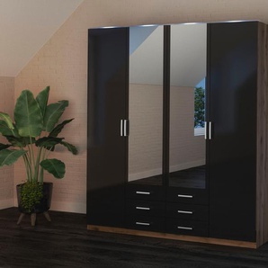 Kleiderschrank PRIESS Amsterdam Schränke Gr. B/H/T: 185cm x 193cm x 56cm, mit Glaskranzblende und LED, 4 St., schwarz (astkernbuche/schwarz) mit oder ohne LED-Beleuchtung