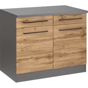 KOCHSTATION Unterschrank KS-Tulsa 100 cm breit, 2 Schubkästen, 2 Türen, schwarzer Metallgriff, MDF Front