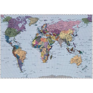 Komar Fototapete World Map, Mehrfarbig, Hellblau, Papier, Weltkarte, 254x184 cm, Fsc, Made in Germany, Tapeten Shop, Fototapeten