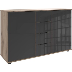 Kombikommode WIMEX Leonberg, Sideboard 2trg mit 4 Schubladen Sideboards Gr. B/H/T: 130cm x 83cm x 41cm, 4 St., beige (viking oak nachbildung/ glas grey) mit Glasfront, BTH 1304183cm, schwarze Metallgriffe