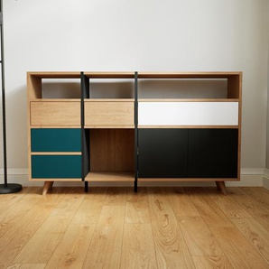Kommode Eiche - Lowboard: Schubladen in Blaugrün & Türen in Schwarz - Hochwertige Materialien - 154 x 91 x 34 cm, konfigurierbar