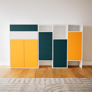 Kommode Gelb - Lowboard: Schubladen in Blaugrün & Türen in Gelb - Hochwertige Materialien - 192 x 117 x 34 cm, konfigurierbar