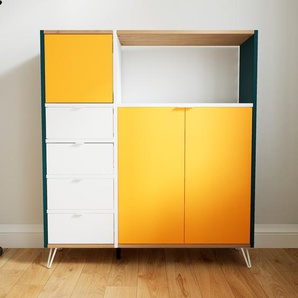 Kommode Gelb - Lowboard: Schubladen in Weiß & Türen in Gelb - Hochwertige Materialien - 115 x 129 x 34 cm, konfigurierbar