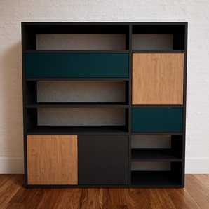 Kommode Graphitgrau - Lowboard: Schubladen in Blaugrün & Türen in Eiche - Hochwertige Materialien - 115 x 117 x 34 cm, konfigurierbar