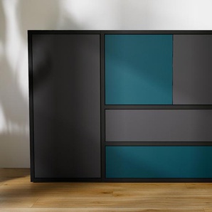 Kommode Graphitgrau - Lowboard: Schubladen in Blaugrün & Türen in Graphitgrau - Hochwertige Materialien - 115 x 79 x 34 cm, konfigurierbar