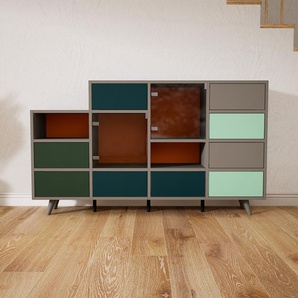 Kommode Grau - Lowboard: Schubladen in Blaugrün & Türen in Kristallglas klar - Hochwertige Materialien - 156 x 91 x 34 cm, konfigurierbar
