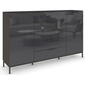 Kommode RAUCH Flipp Sideboards Gr. B/H/T: 160cm x 110cm x 42cm, 5 St., grau (graphit/glas basalt) 2-türig, 5 Schubladen, Soft-Close, Oberboden und Front Glas, 2 Breiten